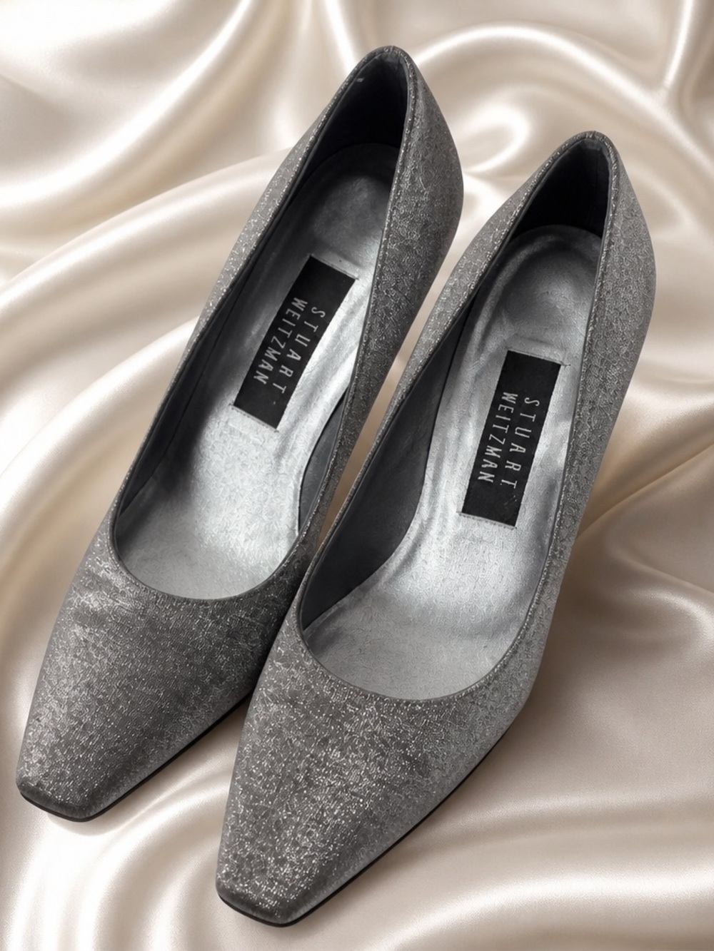 Stuart Weitzman Silver Textured Pointed-Toe Pumps 3.5 inch heel